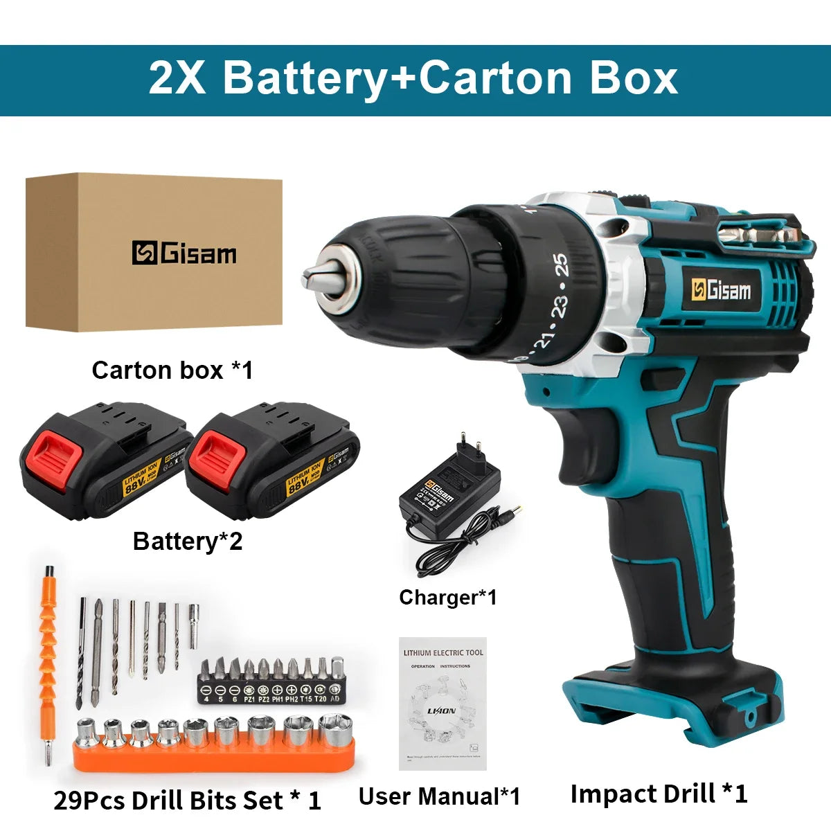 ALL IN ONE 25+3 Torque Impact Drill Electric Screwdriver Cordless Electric Hammer Drill Driver 2 Gear Speed Lithium-Ion Battery Power Tools