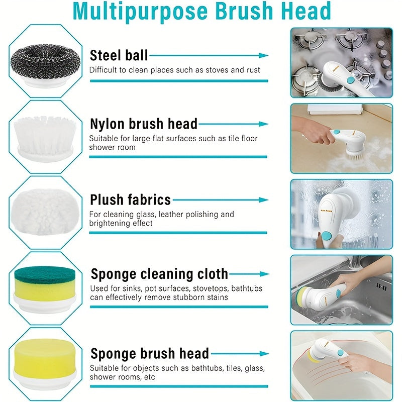 Set, Electric Scrubber With 5 Replaceable Brush Heads, Portable Spin Scrubber, Cordless Handheld Cleaning Brush For Bathroom/Tub/Wall Tiles/ Floor/Kitchen