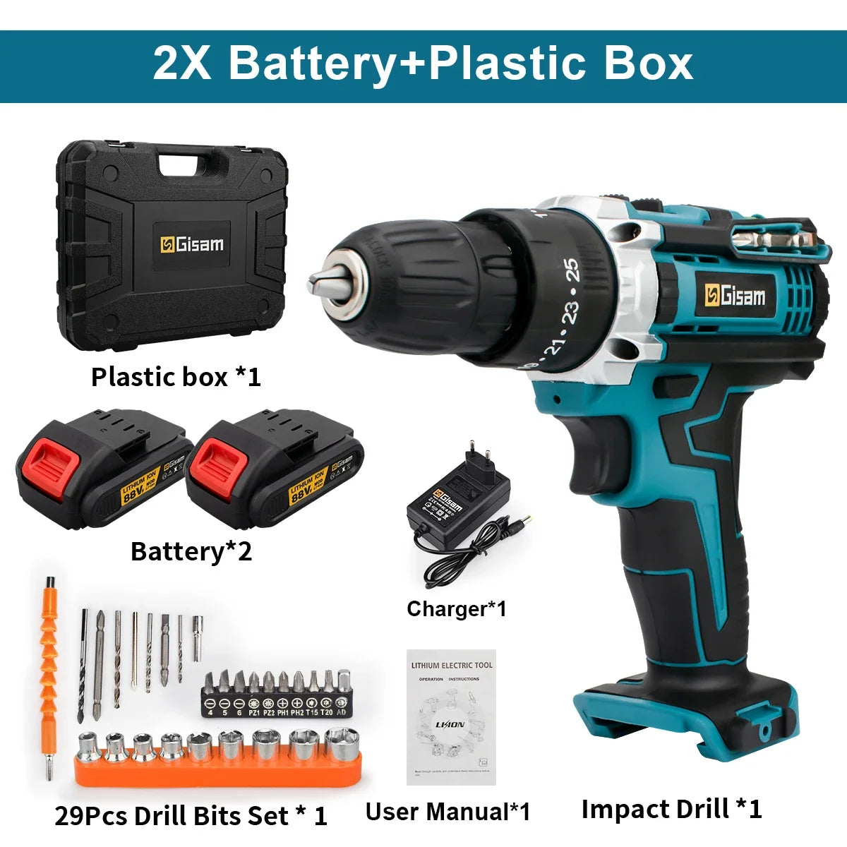ALL IN ONE   25+3 Torque Impact Drill Electric Screwdriver Cordless Electric Hammer Drill Driver 2 Gear Speed Lithium-Ion Battery Power Tools