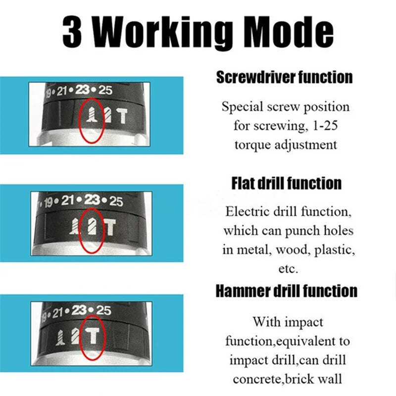 ALL IN ONE   25+3 Torque Impact Drill Electric Screwdriver Cordless Electric Hammer Drill Driver 2 Gear Speed Lithium-Ion Battery Power Tools