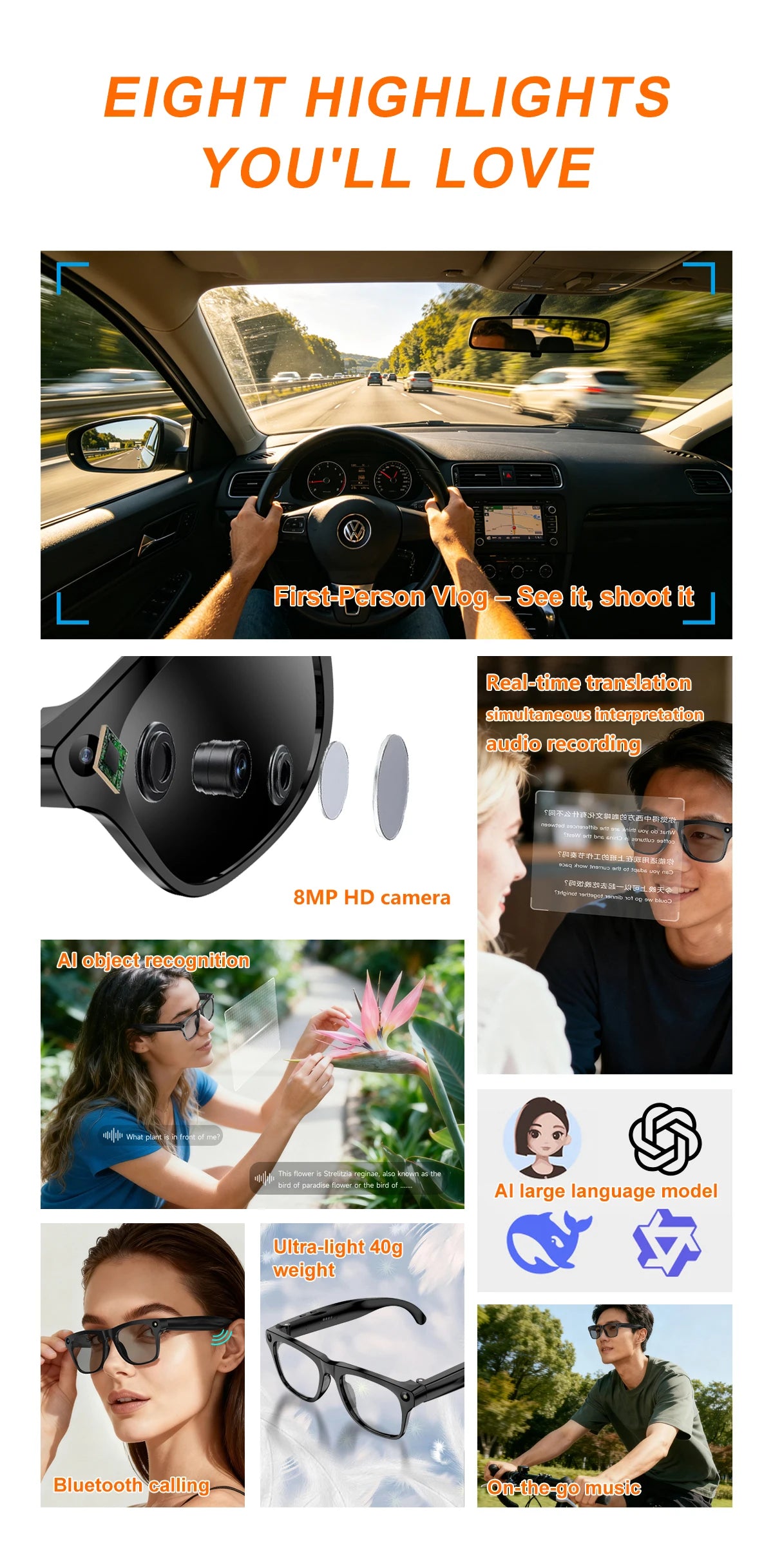 Lenovo Upgrade Smart AI Glasses 800W HD 8K Shooting Camera Photo Video Voice Call Translation Bluetooth AI Motorcycleg Renovator