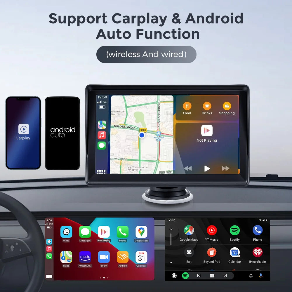 Car Radio 7 Inch Wireless CarPlay Android Auto Portable Car Stereo Multimedia Player With FM Transmitter BT WiFi AUX USB Screen