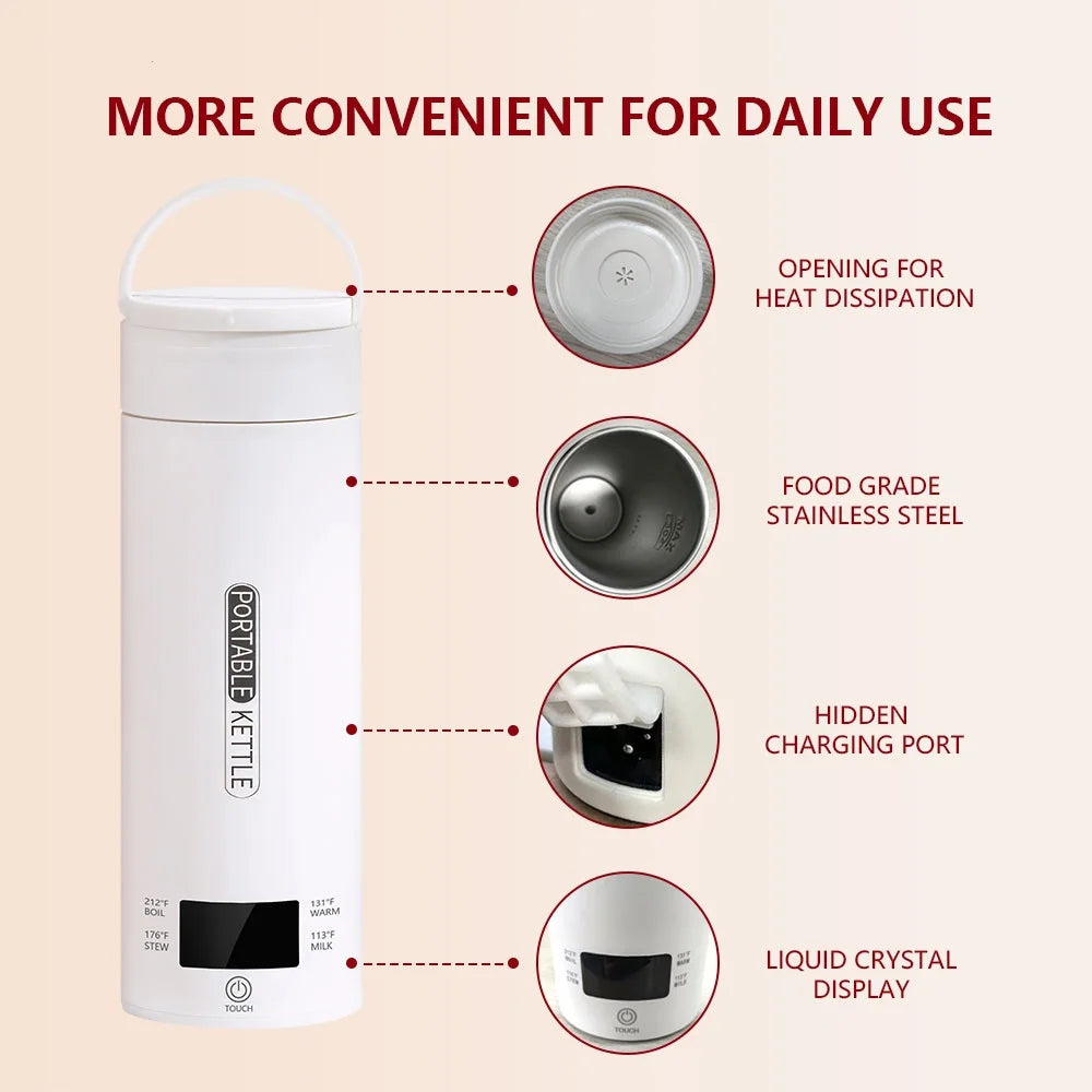 JFBONIN Electric Kettles Portable Tea Coffee Kettle Travel Boil Water Thermal Cup Anti-Scald Water Bottle