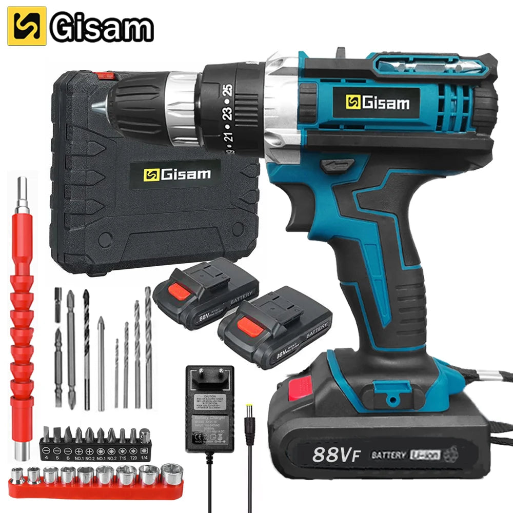 ALL IN ONE   25+3 Torque Impact Drill Electric Screwdriver Cordless Electric Hammer Drill Driver 2 Gear Speed Lithium-Ion Battery Power Tools