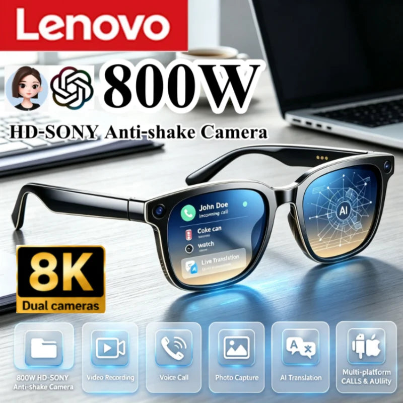 Lenovo Upgrade Smart AI Glasses 800W HD 8K Shooting Camera Photo Video Voice Call Translation Bluetooth AI Motorcycleg Renovator