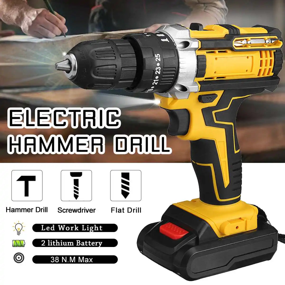 ALL IN ONE   25+3 Torque Impact Drill Electric Screwdriver Cordless Electric Hammer Drill Driver 2 Gear Speed Lithium-Ion Battery Power Tools