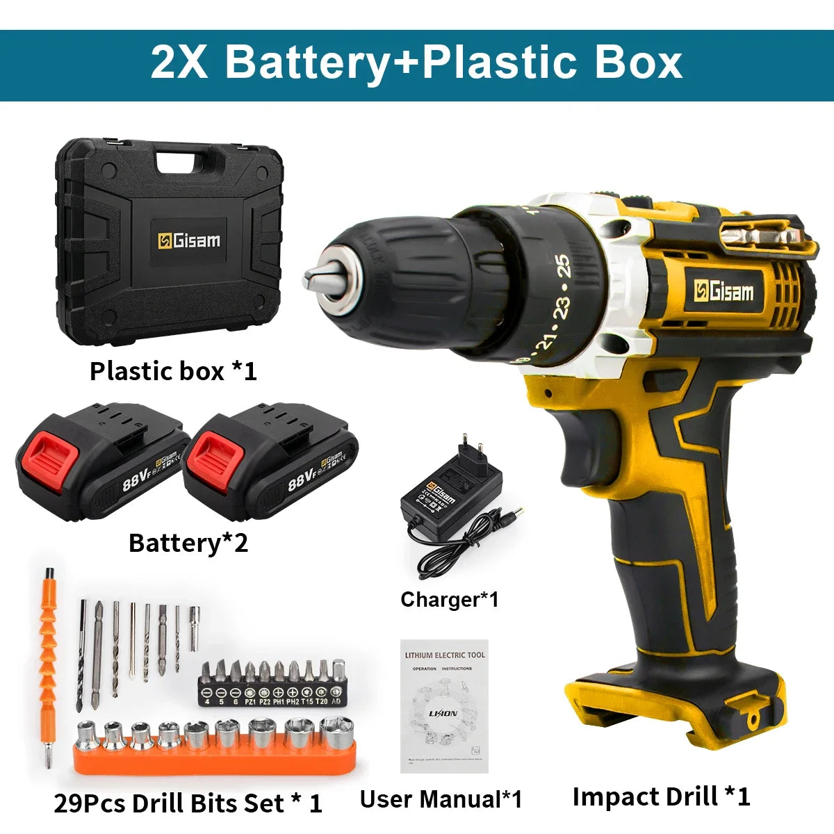 ALL IN ONE   25+3 Torque Impact Drill Electric Screwdriver Cordless Electric Hammer Drill Driver 2 Gear Speed Lithium-Ion Battery Power Tools