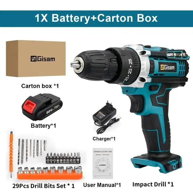 ALL IN ONE   25+3 Torque Impact Drill Electric Screwdriver Cordless Electric Hammer Drill Driver 2 Gear Speed Lithium-Ion Battery Power Tools