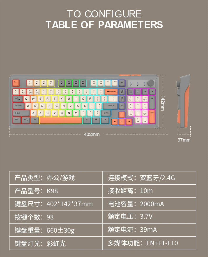 Dual Bluetooth Keyboard Dual-Mode BT/2.4G Wireless Keyboard RGB Backlit Rechargeable Keyboard Gaming Keyboard For Laptop Tablet
