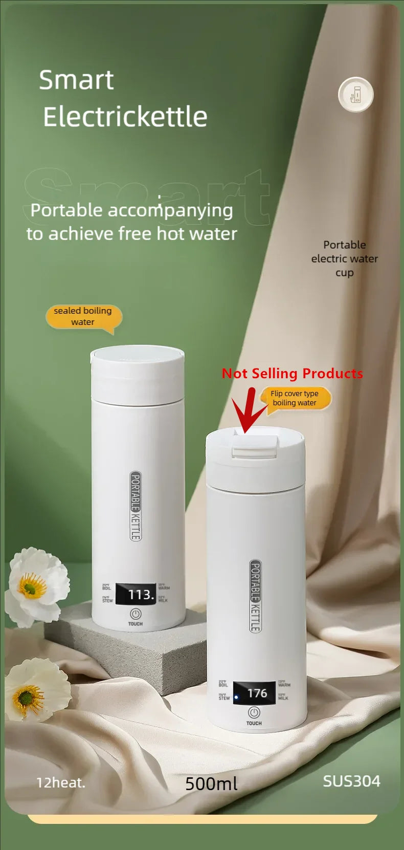 JFBONIN Electric Kettles Portable Tea Coffee Kettle Travel Boil Water Thermal Cup Anti-Scald Water Bottle