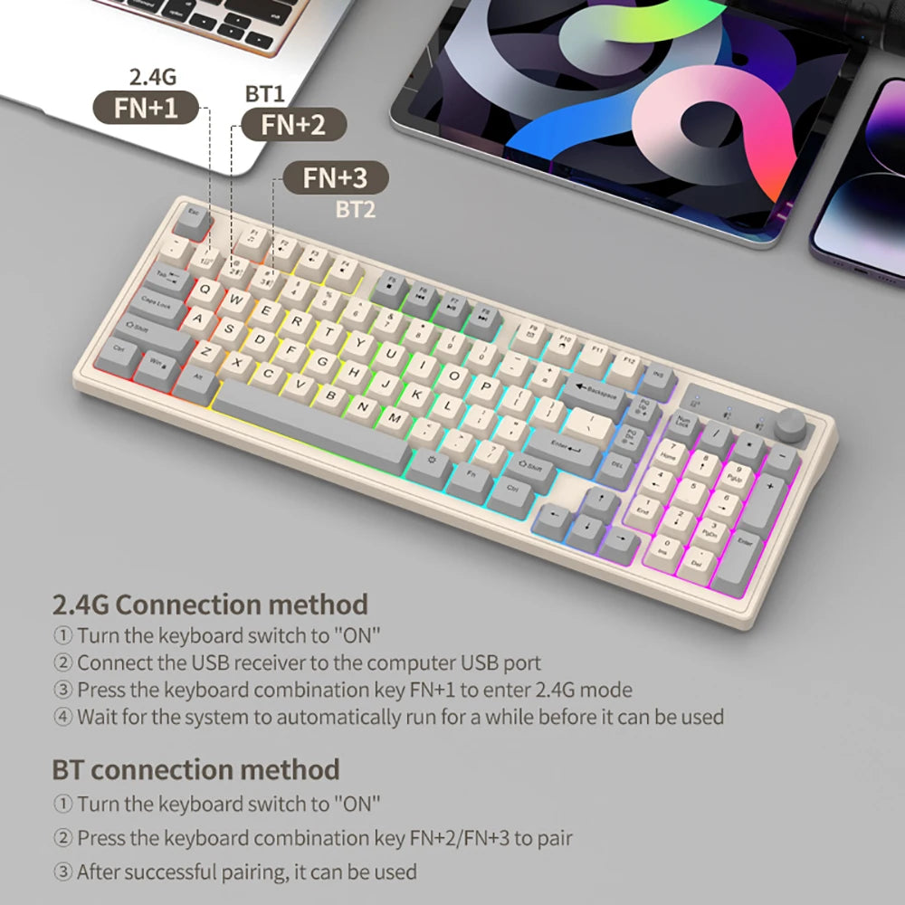 Dual Bluetooth Keyboard Dual-Mode BT/2.4G Wireless Keyboard RGB Backlit Rechargeable Keyboard Gaming Keyboard For Laptop Tablet