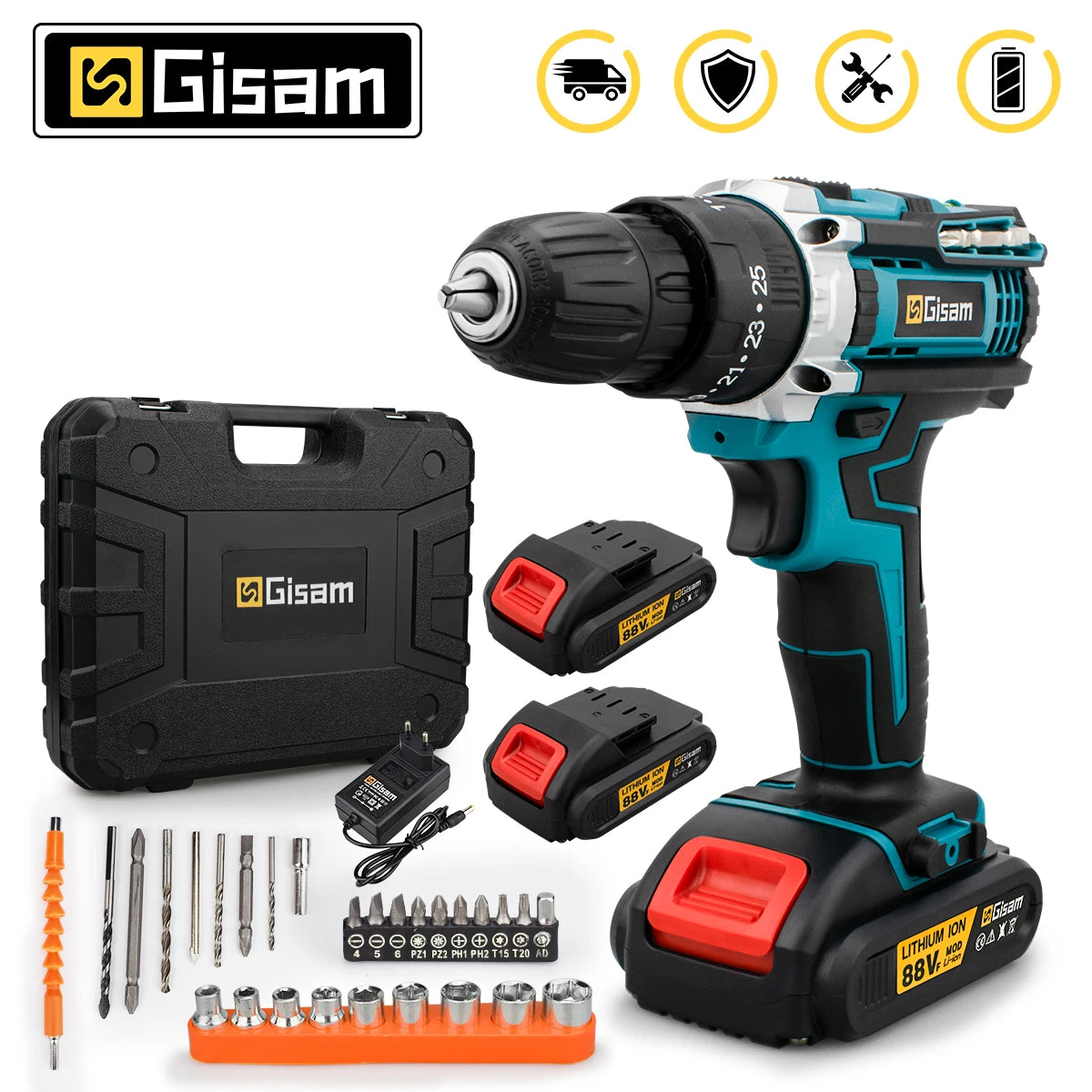 ALL IN ONE   25+3 Torque Impact Drill Electric Screwdriver Cordless Electric Hammer Drill Driver 2 Gear Speed Lithium-Ion Battery Power Tools