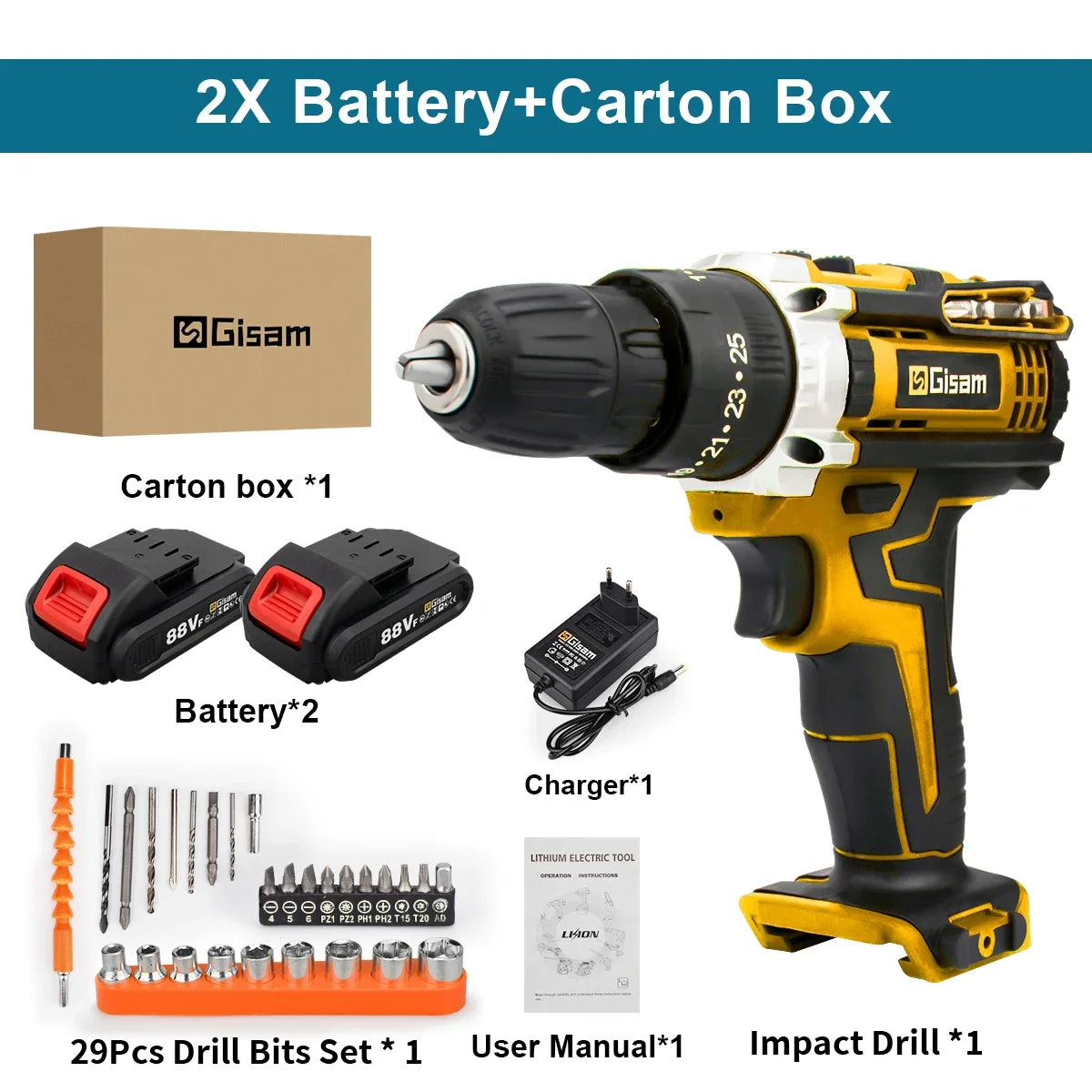 ALL IN ONE   25+3 Torque Impact Drill Electric Screwdriver Cordless Electric Hammer Drill Driver 2 Gear Speed Lithium-Ion Battery Power Tools