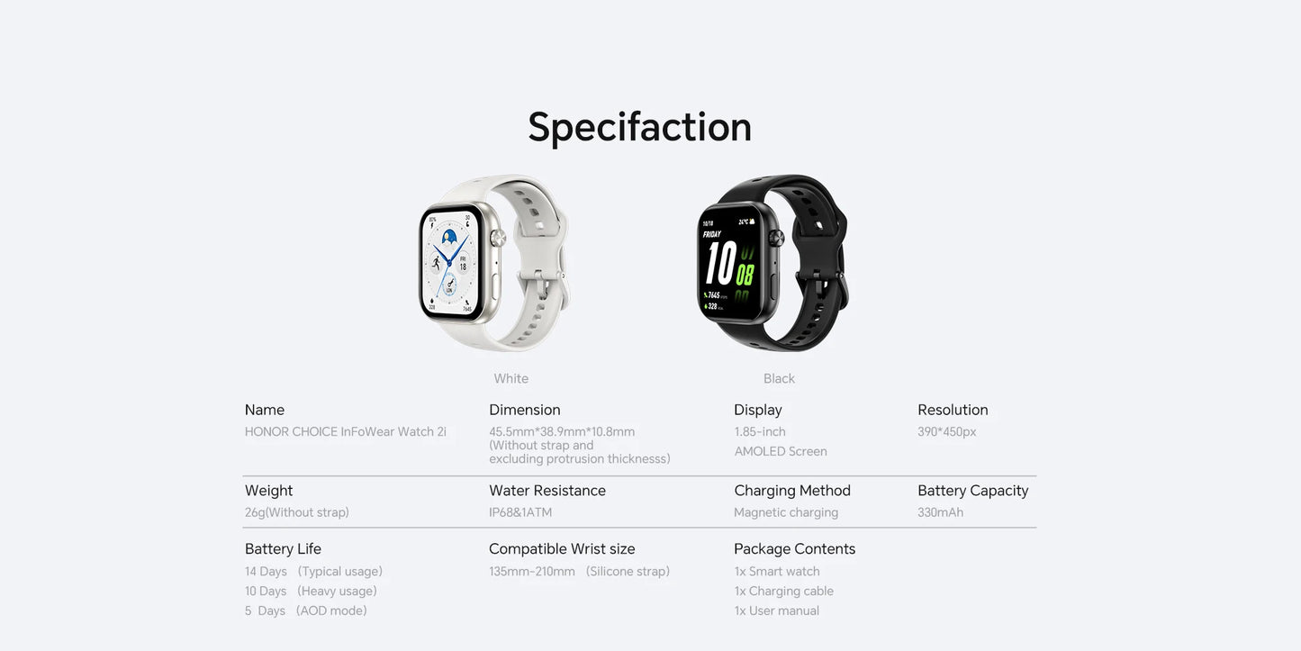 HONOR Choice Watch 2i, Smart Watch Bluetooth Calling, 1.85 Inch AMOLED, 14 Day Readiness, Spo2, 1ATM, IP68, White/Black