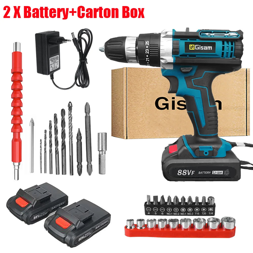 ALL IN ONE   25+3 Torque Impact Drill Electric Screwdriver Cordless Electric Hammer Drill Driver 2 Gear Speed Lithium-Ion Battery Power Tools