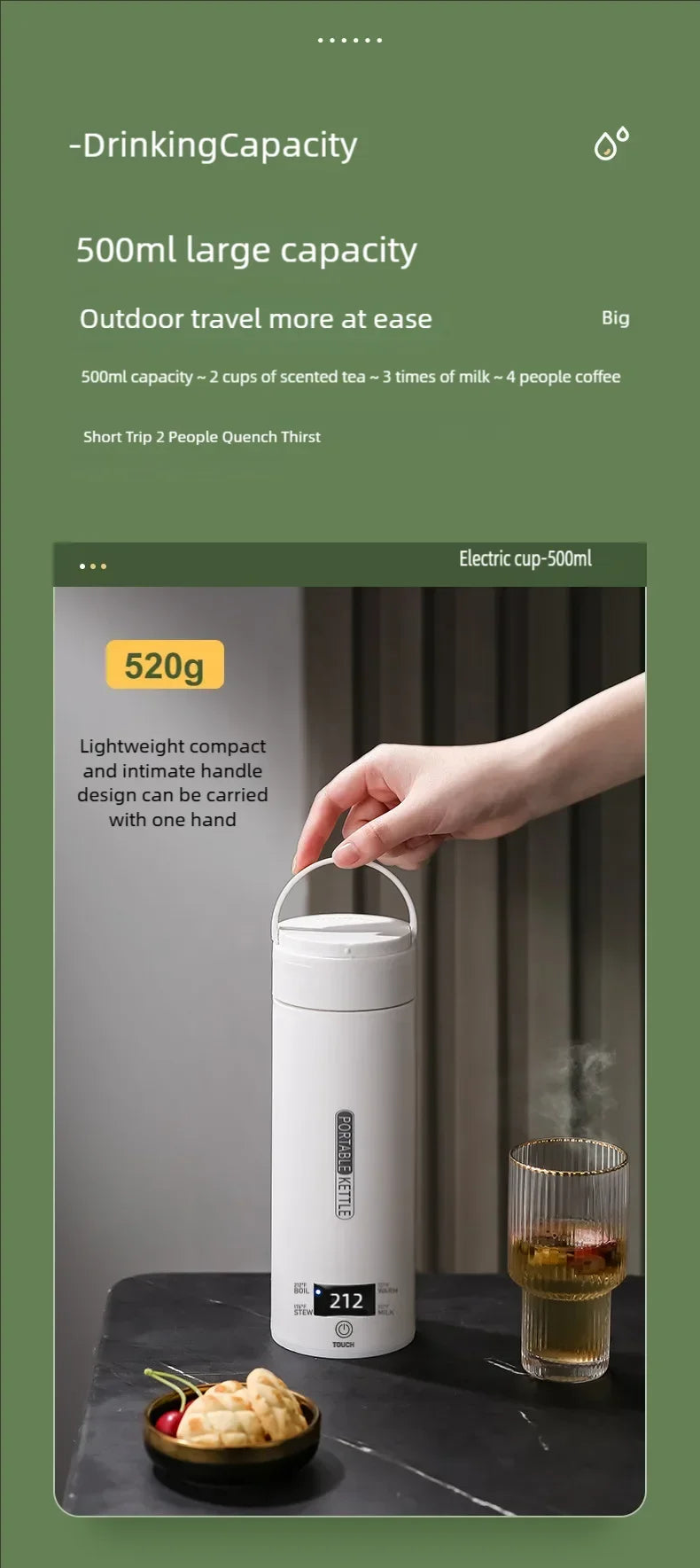 JFBONIN Electric Kettles Portable Tea Coffee Kettle Travel Boil Water Thermal Cup Anti-Scald Water Bottle