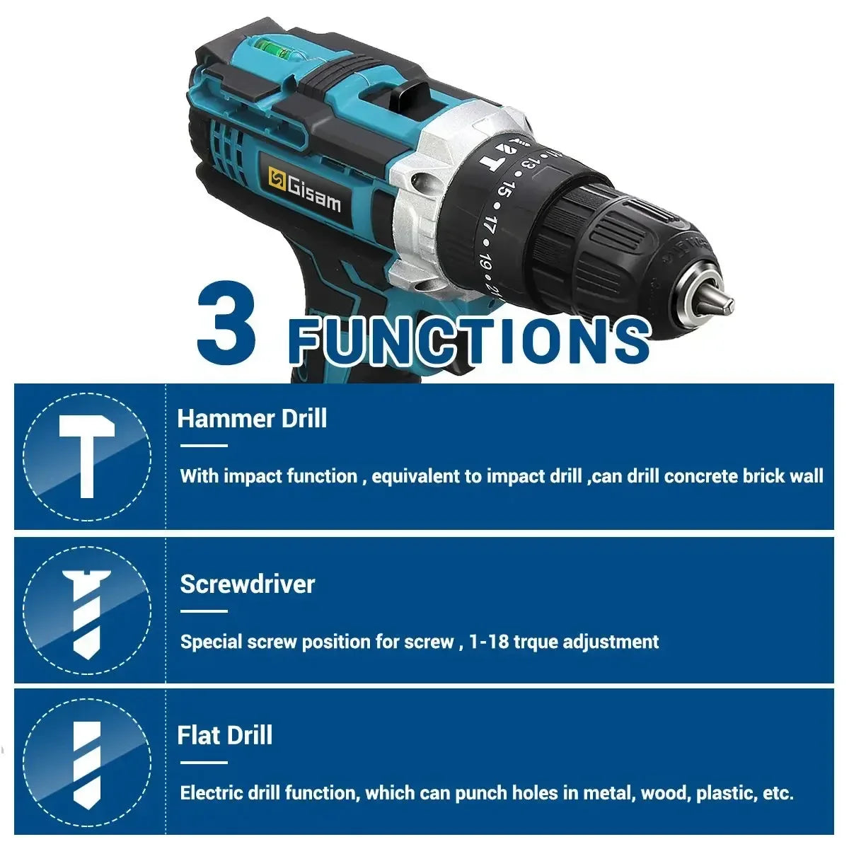 ALL IN ONE   25+3 Torque Impact Drill Electric Screwdriver Cordless Electric Hammer Drill Driver 2 Gear Speed Lithium-Ion Battery Power Tools