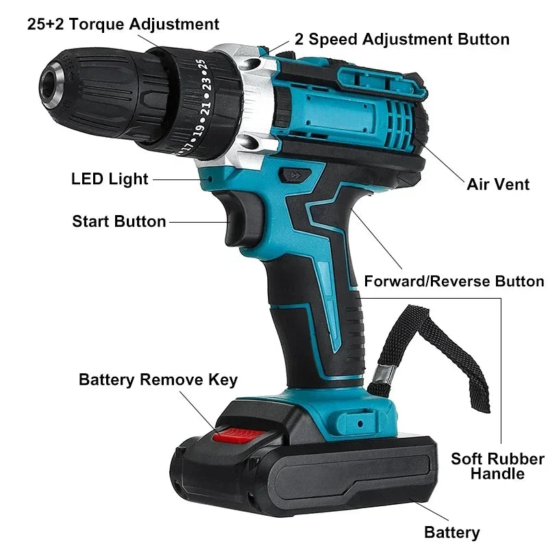 ALL IN ONE   25+3 Torque Impact Drill Electric Screwdriver Cordless Electric Hammer Drill Driver 2 Gear Speed Lithium-Ion Battery Power Tools